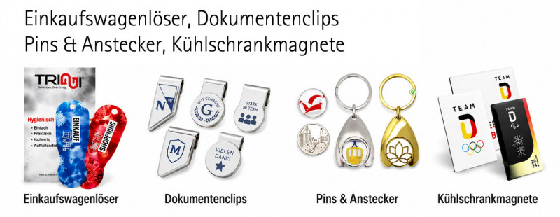 Pins, Anstecker, Kühlschrankmagnete, Einkaufswagenlöser