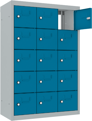 Schließfach/Kantinenschrank - 3 Abteile - 15 Fächer - mit Durchgang