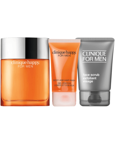 Clinique Happy For Men Set =Eau de Cologne Spray + Hair &amp; Body Wash + Face Scrub