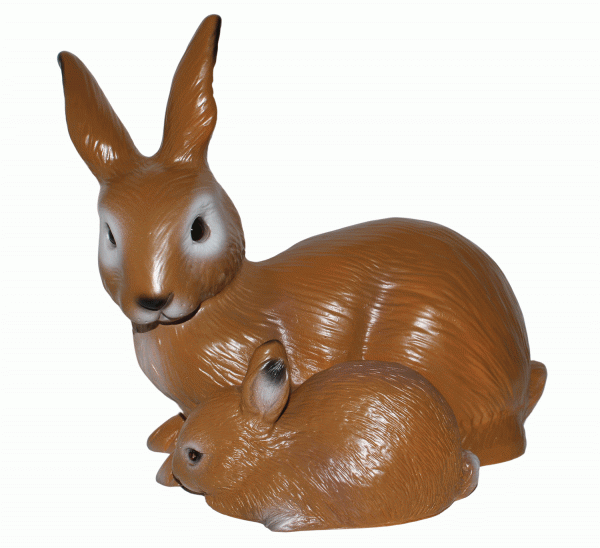 Deko Garten Figur Hase mit Kleinem liegend H 21 cm braun Gartenfigur Tierfigur aus Kunststoff