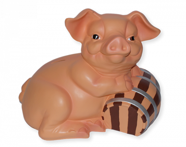 Dekofigur Schwein liegend als Spardose mit Fass H 40 cm aus Kunstharz Tierfigur Deko Ferkel