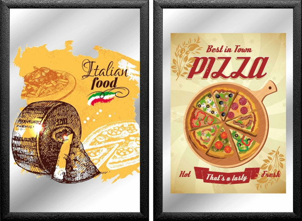 Set: 2 Spiegelbilder Italian Food Pizza Käse Pasta 20x30 cm Hinterglasdruck mit schwarzem Rahmen