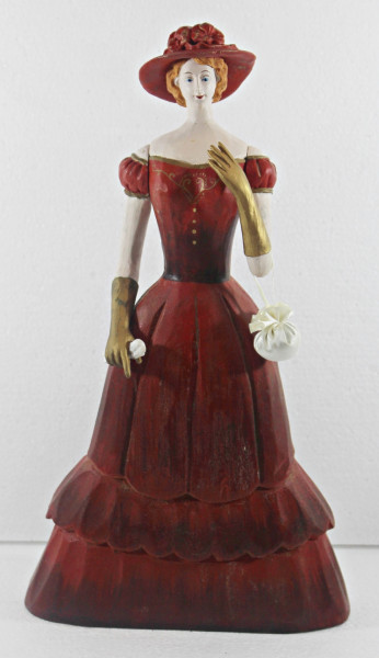 Modefigur Beauty Figur Deko Modepuppe Nostalgiefigur Dame rotes Kleid mit Handtasche aus Holz H 33cm