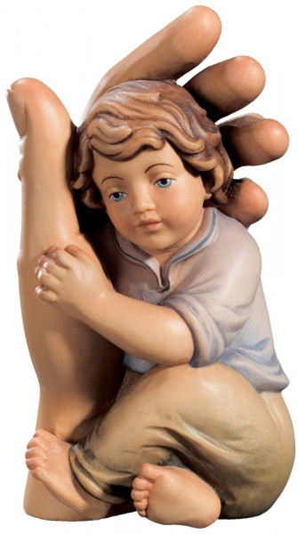 Schützende Hand mit Junge blau H 13 cm Schutzengel Engel Holzfigur Deko Statue aus Ahornholz