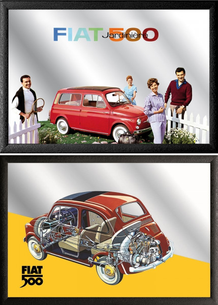 Set: 2 Spiegelbilder Fiat 500 Oldtimer 20x30 cm Vintage Wandbilder Hinterglasdruck mit Rahmen