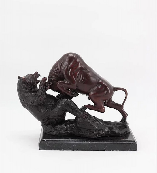 Bronzefigur Bronzeskulptur Tierfigur Bulle und Bär aus Bronze auf Marmorsockel B 33 cm Deko Figur