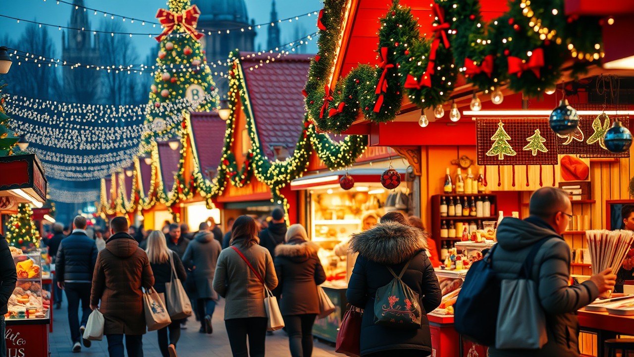 Ein Szene auf einem Markt zu Weihnachten.